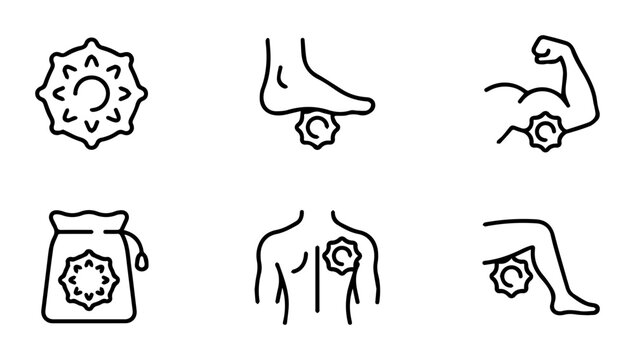 Massage Ball Icons Set, Acupressure Tool Vector Graphics, Muscle Relief and Therapy Symbols, Fitness and Wellness Line Art Collection