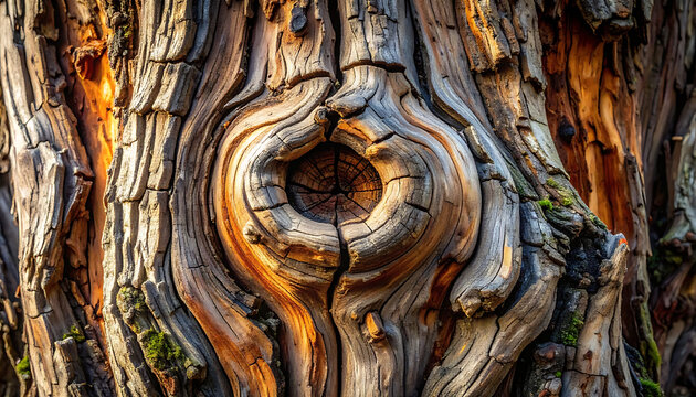 Close-up of an old tree bark texture with a knot resembling an eye, showing rich natural patterns and weathered details