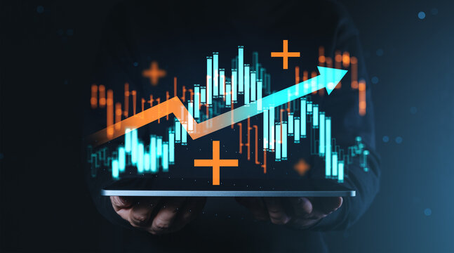 Financial market growth chart with rising arrow and glowing candlestick graph over dark background concept of investment success.