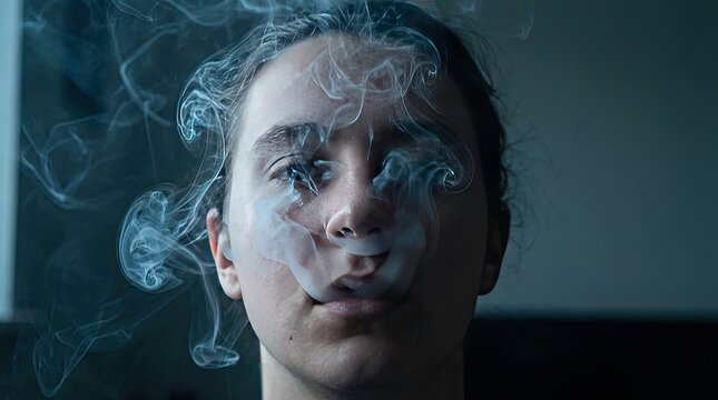 Inside the mind of a person facing depression concept. A contemplative portrait enveloped in wispy smoke.