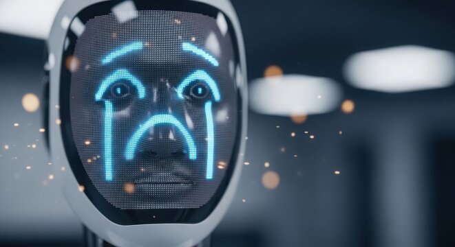 Humanoid robot with glowing blue sad face display, representing artificial intelligence experiencing emotion and digital melancholy