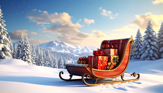 Christmas sleigh filled with gifts in a snowy winter landscape with snow-covered trees and mountains, festive holiday scene