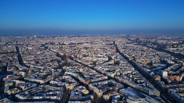 Berlin Cityscape panorama, winter snow very high up. Best aerial view drone