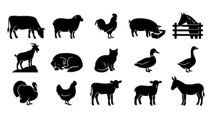 Obraz premium Farm Animals Silhouettes Collection: Livestock, Poultry, and Domestic Pets Vector Icons Set