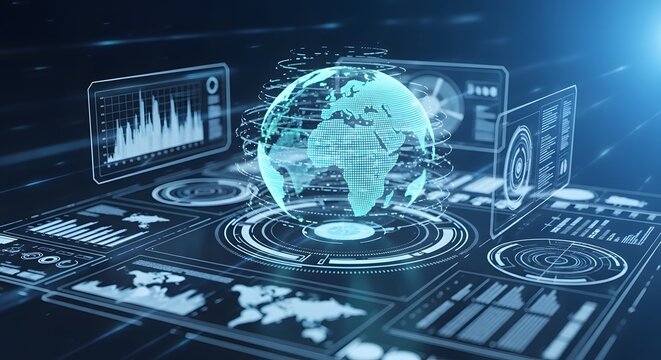 Futuristic holographic globe with digital data interfaces and charts representing global technology and analytics.
