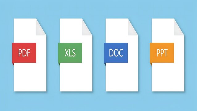 Document file icons, PDF, XLS, DOC, PPT symbols, office software filetypes