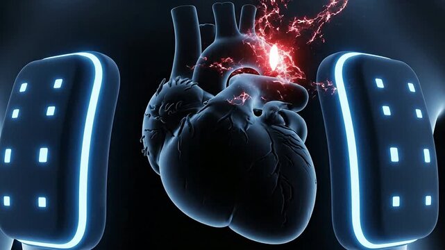 High-Resolution CGI Animation Of Ventricular Tachycardia Showing Glowing Heart With Electrical Impulses Emanating In Striking Neon Glow Against Dark Background