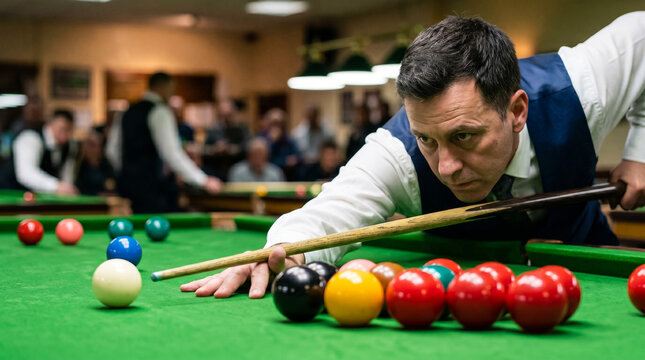 Man playing pool with cue stick on green table