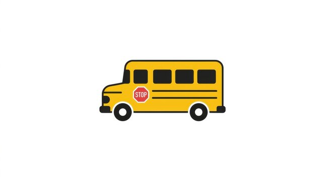 Yellow school bus icon on white background, classic student transportation vehicle, flat vector style educational bus with stop sign
