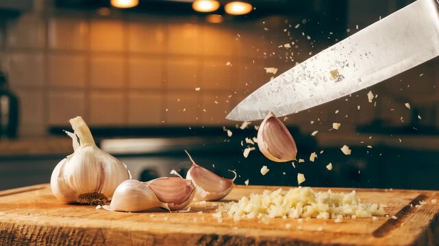 Sharp Chef Knife Slicing Fresh Garlic Cloves in a Professional Kitchen, Capturing Dynamic Food Preparation Motion