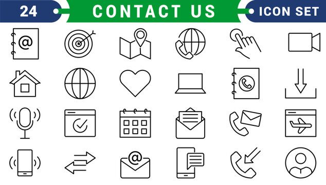 Contact Us icons in line style. Web and mobile icon. Chat, point, chat, support, message, phone, globe, call, info collection. Editable stroke. Vector illustration.