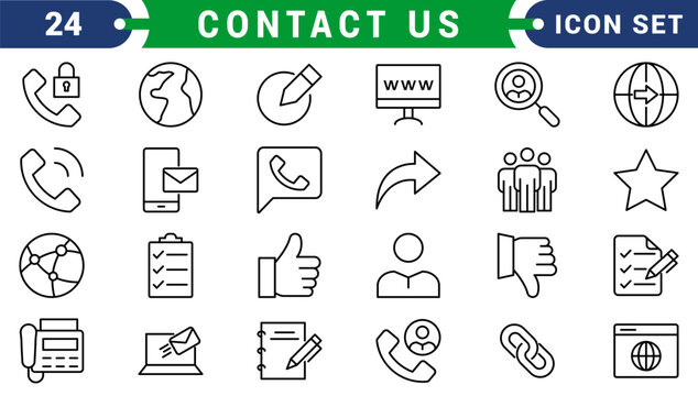 Contact Us icons in line style. Web and mobile icon. Chat, point, chat, support, message, phone, globe, call, info collection. Editable stroke. Vector illustration.