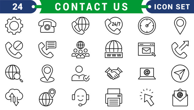 Contact Us icons in line style. Web and mobile icon. Chat, point, chat, support, message, phone, globe, call, info collection. Editable stroke. Vector illustration.