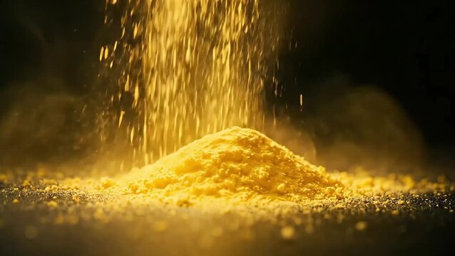  Fine degerminated yellow corn creates a dramatic mound against a dark background. 