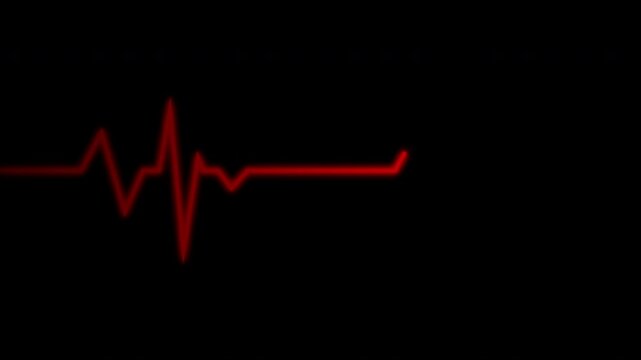 Heartbeat flatline electrocardiogram screen, red heartbeat line on black background