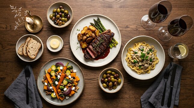 A gourmet dinner spread featuring steak, pasta, roasted vegetables, olives, bread, and red wine on a wooden table, set for a special occasion.
