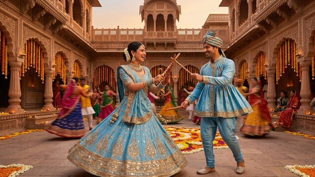 Royal Garba Couple In Heritage Courtyard
