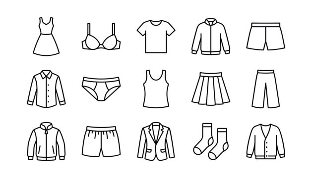 Casual and Formal Clothing Vector Icon Set Featuring Outline Line Art Men and Women Fashion Apparel Including Jacket Dress Blazer T-Shirt Skirt and Underwear for Retail LayoutsCasual and Formal Clothi