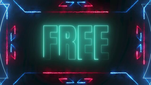 Bold glowing neon text "FREE" surrounded by an electric laser energy border, vibrant color animation, 4k video.