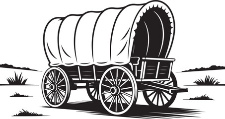 Black and white covered wagon on grassy terrain © Masud
