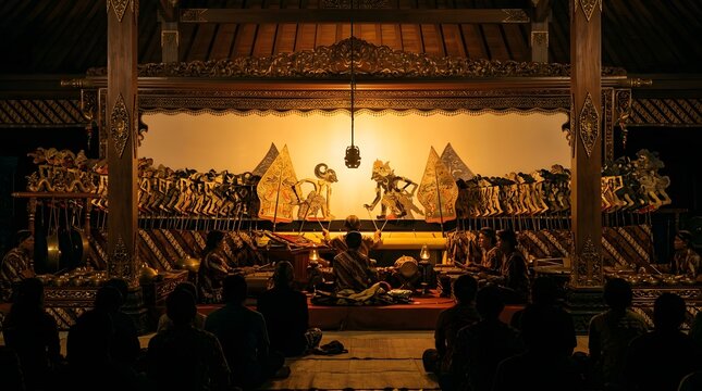 Traditional Indonesian Wayang Kulit performance featuring shadow puppets, gamelan music, and an audience in a dimly lit hall.