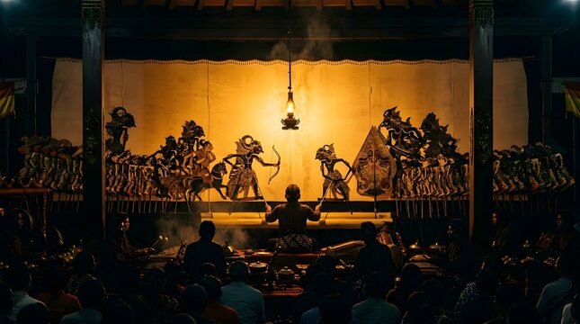 Traditional Indonesian Wayang Kulit shadow puppet play performance with a dalang and audience.