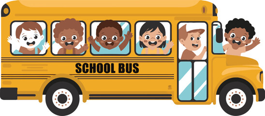 Happy kids waving from colorful school bus © Masud