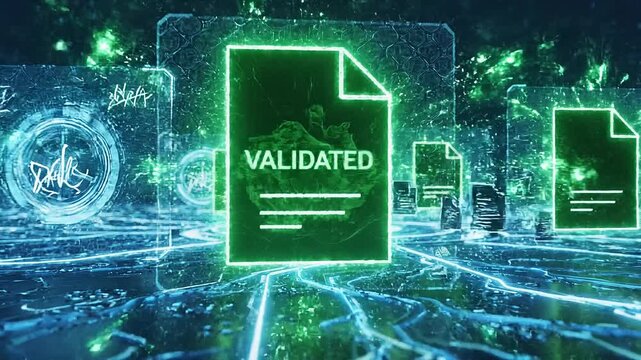 Multiple digital document validation processing futuristic interface antivirus software concept. Futuristic digital document sharing and data transfer in a connected global network concept