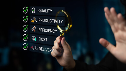 Business Professional Examining Quality, Productivity, Efficiency, Cost, and Delivery Metrics with...