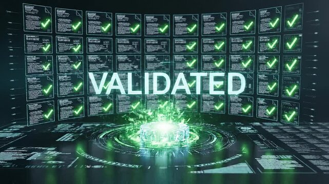 Multiple digital document validation processing futuristic interface antivirus software concept. Futuristic digital security system with data validation and cyber protection technology interface