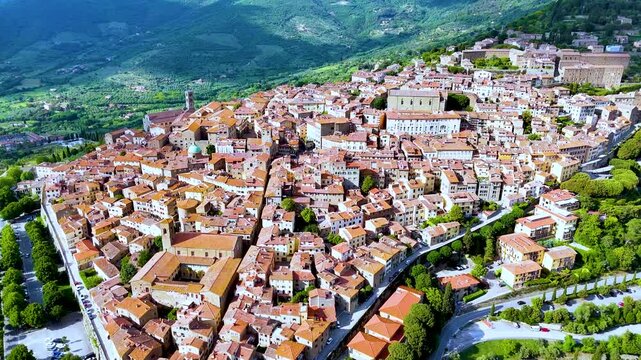 Aerial view of Cortona, a town in the province of Arezzo, Tuscany, Italy.