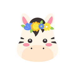 Fototapeta premium Cute Kawaii Zebra Face with Flower Crown Flat Vector Illustration