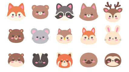 Fototapeta premium Cute Kawaii Woodland Animal Faces Set Flat Vector Illustration