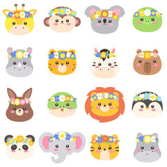 Fototapeta premium Cute Kawaii Safari and Farm Animal Faces with Flower Crown Set Flat Vector Illustration