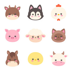 Fototapeta premium Cute Kawaii Farm Animal Faces Set Flat Vector Illustration