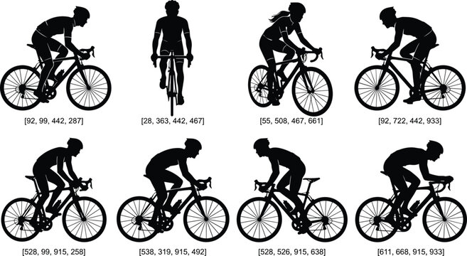 Professional Cycling and Road Racing Vector Icon Set Featuring Black Silhouette Shapes of Male and Female Cyclists Riding Road Racing Bicycles for Sports Event LayoutsProfessional Cycling and Road Rac