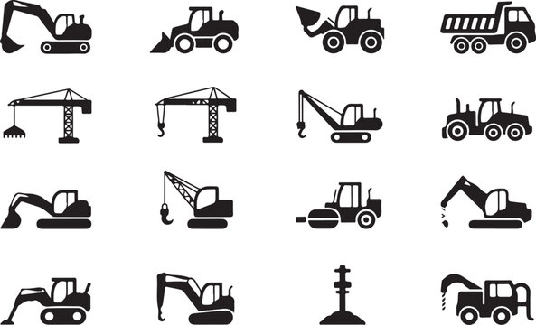 Flat set of sixteen construction vehicles icons