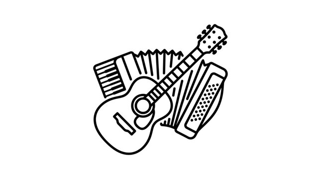A simple line art illustration featuring an acoustic guitar, an accordion, and a harmonica grouped together.