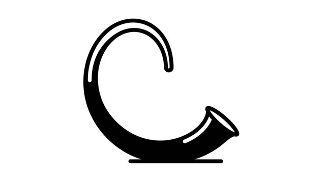 Minimalist black and white graphic illustration of a curved shofar horn.