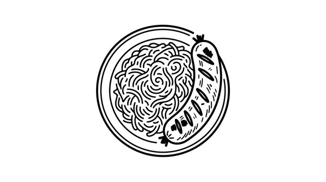 Hand drawn illustration of a plate with spaghetti and a grilled sausage.