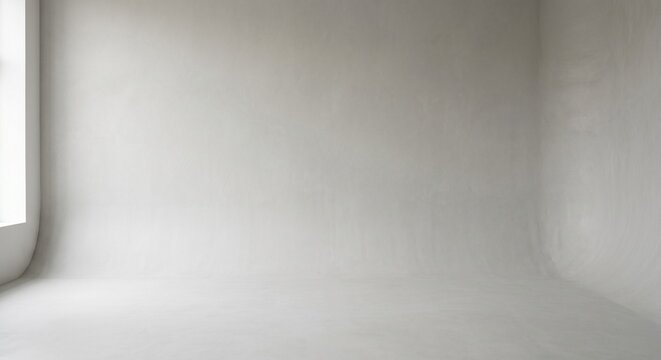 Minimalist grey concrete cyclorama wall studio background with soft lighting for 3d product mockup display