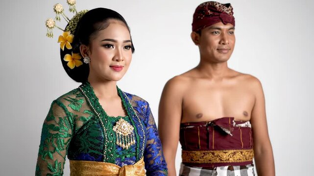 Indonesian Couple in Elegant Balinese Traditional Attire for Cultural Ceremony and Wedding Rituals