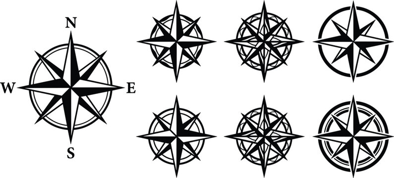 Vintage Compass Rose Vector Icon Set Featuring Black Silhouette Shapes of Nautical Navigation Windrose Stars with Cardinal Direction Initials for Marine and Mapping LayoutsVintage Compass Rose Vector 