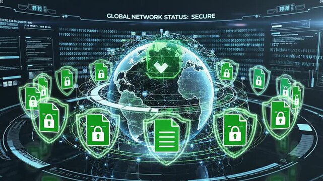 Multiple digital document validation processing futuristic interface antivirus software concept. Secure global network with data protection and cybersecurity concept for digital information safety