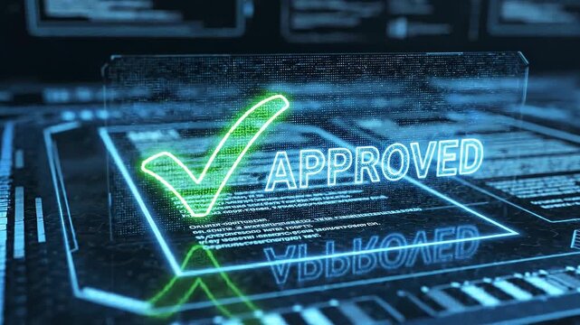 Multiple digital document validation processing futuristic interface antivirus software concept. Futuristic digital approve checkmark on transparent screen with technology data interface background