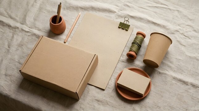 Eco-friendly packaging materials on a white cloth background.