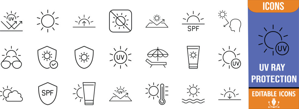 Summer sun protection icons. sun icon set, sunscreen icon set, spf icon set