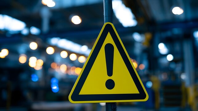 A close up view of a yellow safety warning sign mounted on a metal structure in a brightly lit industrial environment