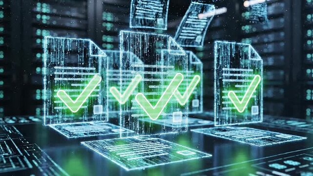 Multiple digital document validation processing futuristic interface antivirus software concept. Digital futuristic concept of glowing file icons with data explosion and technology background