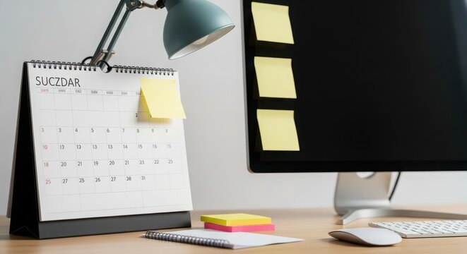 Desk setup with a calendar and sticky notes on a computer screen for planning and organization